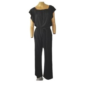Calvin Klein Womens Square Neck Jumpsuit Size XS Slinky Stretch Black Wide Leg